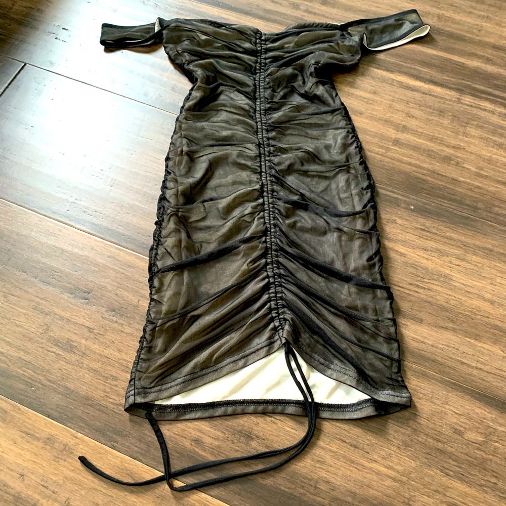 ROOM SERVICE black mesh ruched off shoulder dress